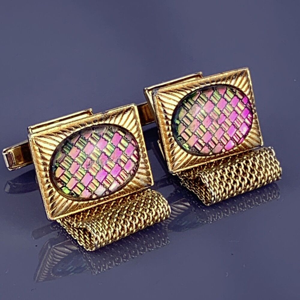 Dichroic Glass Cufflinks Wrap Around Gold Tone Green to Pink Lines Rays Vintage